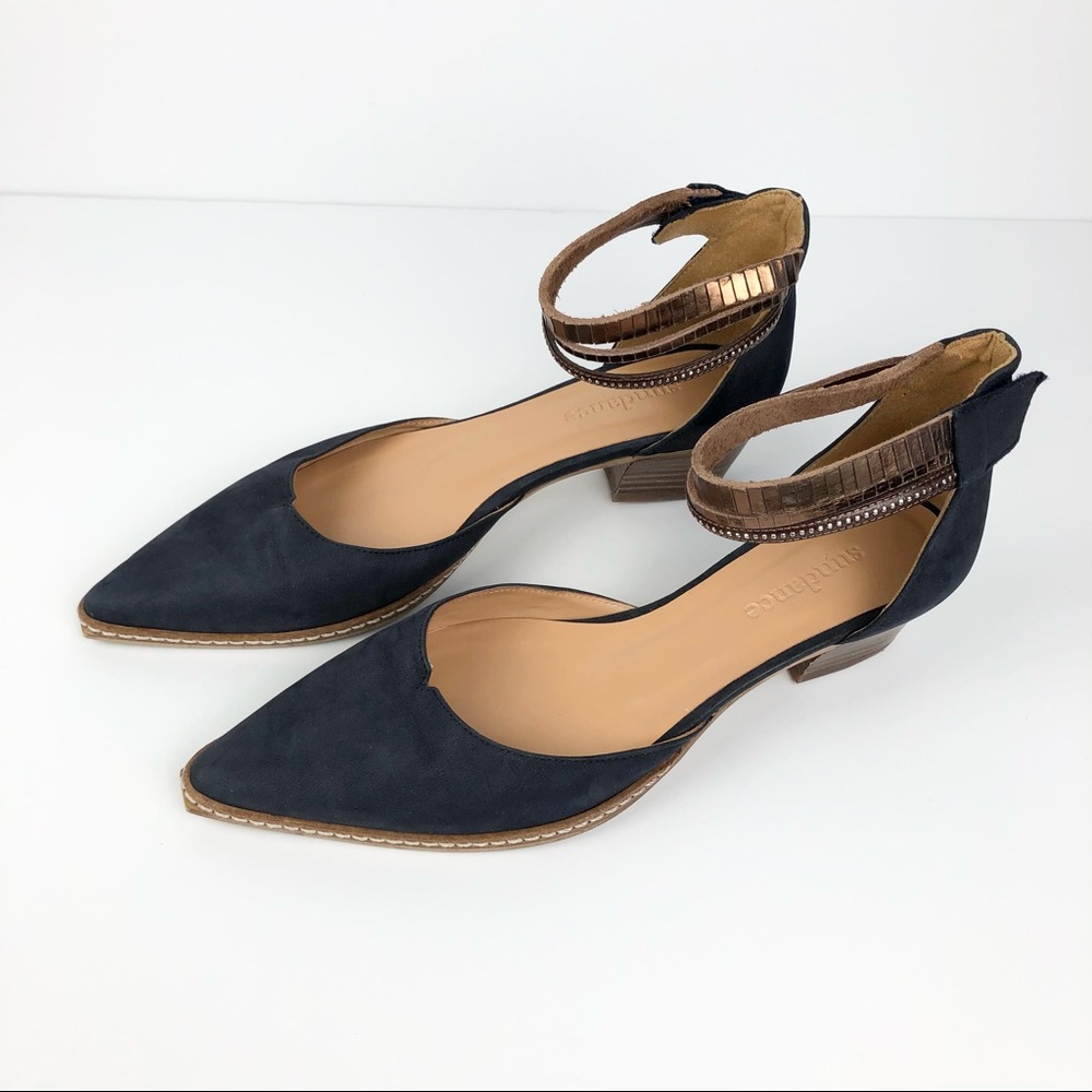 Sundance Navy Leather Ankle Strap Heels